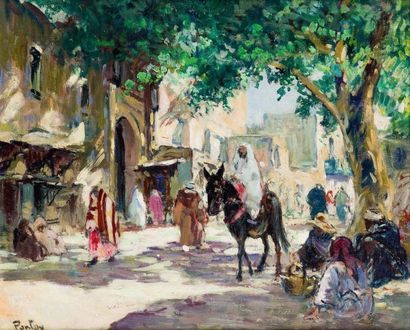 Henri PONTOY (1888-1968) Scène de rue animée Huile sur toile, signée en bas à gauche....