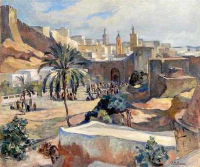 Jean BALDOUI (1890 - 1955) Foule marocaine devant Fez Huile sur toile, signée en...