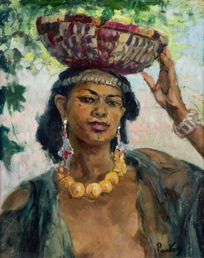 Henri PONTOY (1888-1968) Femme berbère Schleu Huile sur toile, signée en bas à droite....