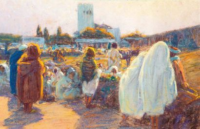 Pedro RIBERA (1867 - 1932) Ecole Espagnole Marché à Tanger Pastel, signé et situé...