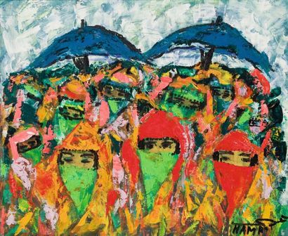 Mohamed HAMRI (1932-2000) Femmes aux ombrelles Huile sur toile, signée en bas à droite....