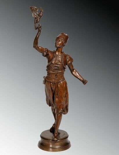 MARCEL DEBUT (1865-1933) Le fauconnier Epreuve en bronze, à patine polychrome, signée...