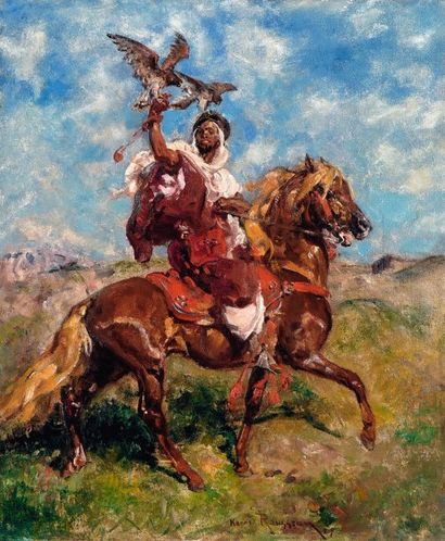 Henri ROUSSEAU (1875 - 1933) Le Fauconnier à la selle rouge Huile sur toile, signée...