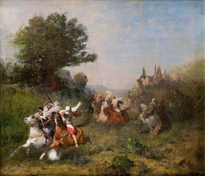 Eugène FROMENTIN (1820-1873) Fantasia devant le Sheikh Huile sur toile, signée en...