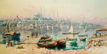 Gilbert GALLAND (1870-1950) La Corne d'Or et la Mosquée Suleymanié. Huile sur panneau,...