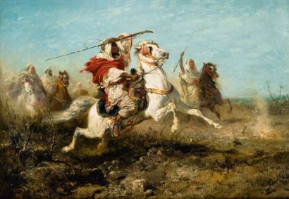 Adolf SCHREYER (1828-1899) Guerriers arabes Huile sur toile, signée en bas à gauche....