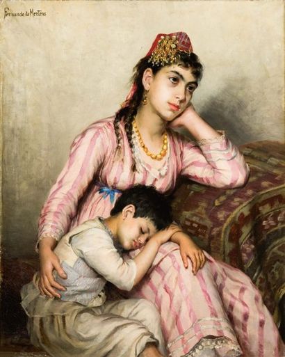 Fernande de MERTENS (XIXème siècle) Rêverie pendant la sieste Huile sur toile, signée...