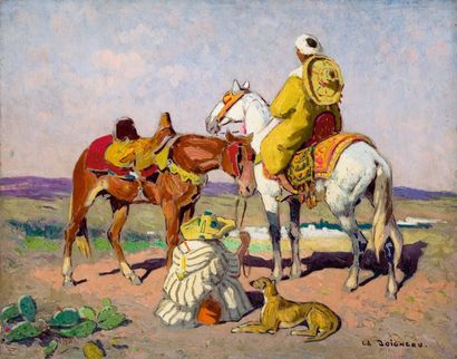 Edouard DOIGNEAU (1865-1954) Cavaliers marocains (Fès) Huile sur panneau, signée...