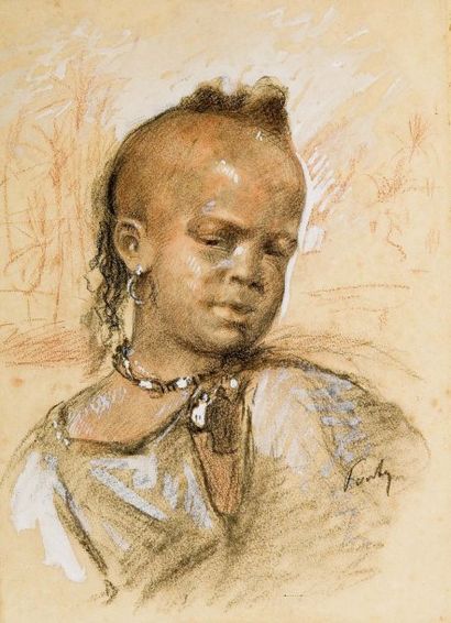 Henri PONTOY (1888-1968) Portrait d'enfant Technique mixte, mine de plomb, pierre...