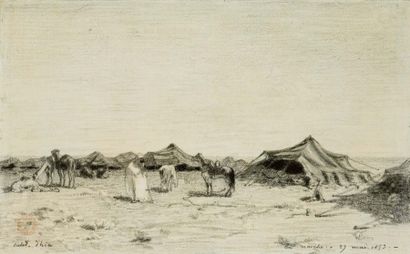 Eugène FROMENTIN (1820-1873) Campement à ouled-d'hia Dessin à la mine de plomb, situé...