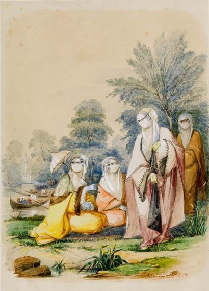 Giovanni BRINDISI (XIXème siècle ) Assemblée de femme turques au jardin Aquarelle...