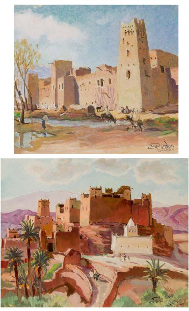 Paul NERI (1910-1965) Minaret et mosquée, sud marocain - L'oued au pied de la Casbah...