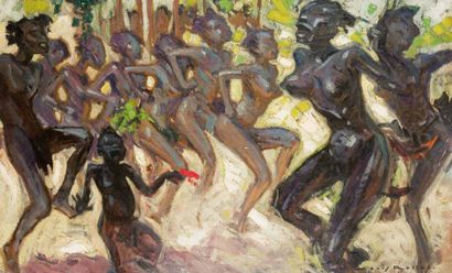 Louis ROLLET (1895-1988) Danseurs africains Huile sur panneau, signée en bas à droite....