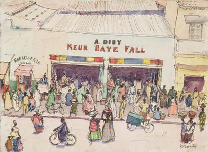 Charles BROUTY (1897-1984) Rue animée au Sénégal Aquarelle, signée en bas à droite....