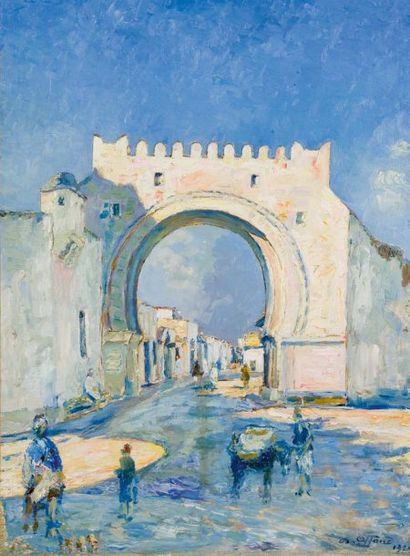 Max OFFAND (XXème siècle ) Porte d'une ville marocaine Huile sur toile, signée en...
