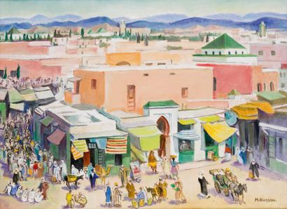 Marcel BUSSON (né en 1913) Entrée des Souks à Marrakech Huile sur toile, signée en...