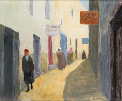Gunnar S. MALM (1909-1986) Rue à Tanger Huile sur panneau d'isorel, signée en bas...