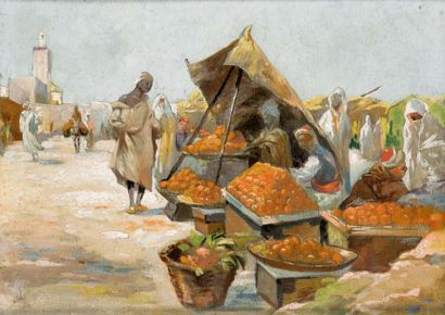 Ecole orientaliste XXème siècle Le marchand d'oranges Huile sur panneau. Oil on panel...