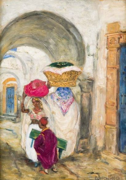 Pierre GOURDAULT (1880-1915) Scène de rue à Tunis Huile sur carton, signée en bas...