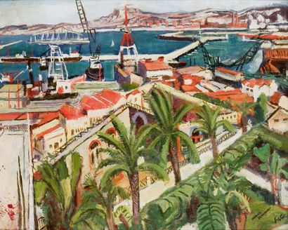 Joseph GUBICS (XXème siècle) Le Port d'Alger Huile sur panneau, signée en bas à droite....