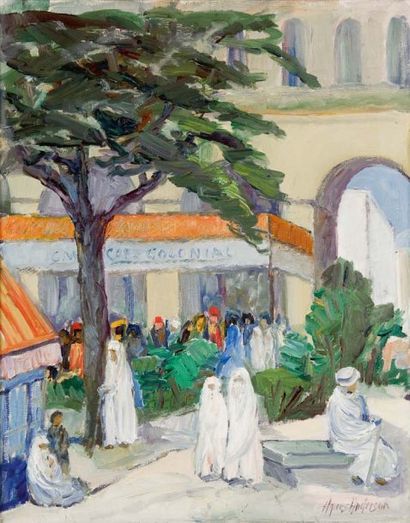 Agnès ANDERSSON (1891- ?) Café animée, Alger Huile sur toile, signée en bas à droite....