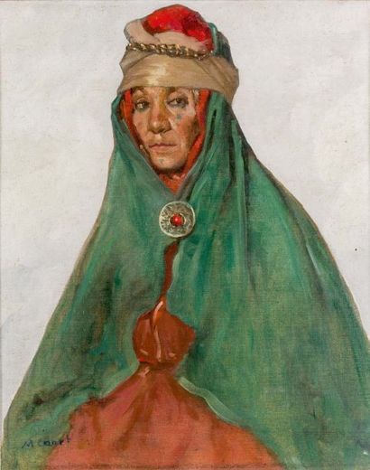 Marcel CANET (1875-1959) Portrait d'une marocaine Huile sur toile marouflée sur panneau,...