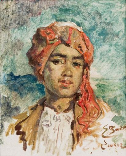 Emile BAES (1879-1954) Portrait d'égyptien Huile sur toile marouflée sur panneau,...
