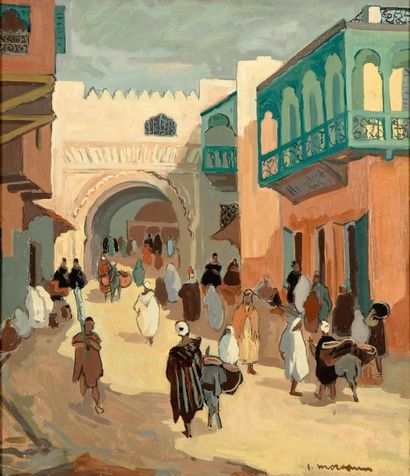 Jacques MOREAU (1903 - 1994) Fez, Bab el Mellah Huile sur toile, signée en bas à...
