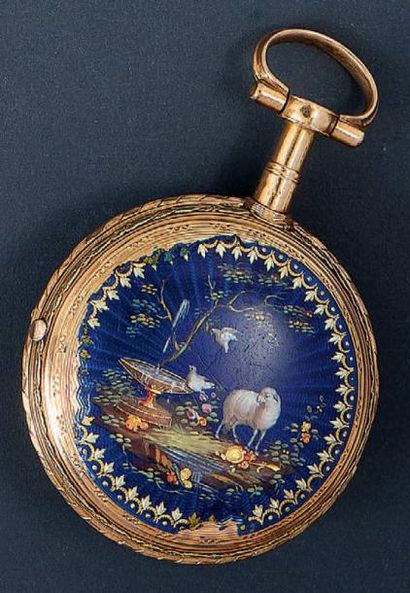VAUCHEZ A PARIS N° 14811 vers 1780 Montre à coq en or. Boîtier rond, dos émaillé...