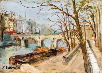 Serge BELLONI (1925-2005) Pont Marie Huile sur carton, signée en bas à gauche et...