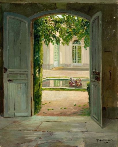 Raymond Louis CHARMAISON (1876-1955) Porte ouverte sur la fontaine. Huile sur toile,...