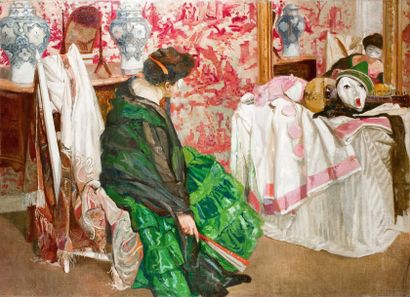 Léon CAUVY (1874 - 1933) Les masques Huile sur toile. 118 x 152 cm. Provenance :...