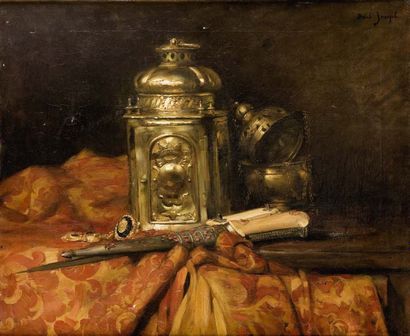 Joseph BAIL (1862-1921) Nature morte à la lanterne de cuivre, brûle parfum, et poignard....