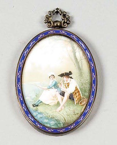 null MINIATURE ovale montée en médaillon, représentant une femme pêchant et un homme...