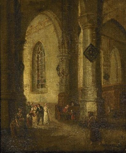 Attribué à Pierre-Maximilien DELAFONTAINE (1774-1860) Mariage dans un intérieur d'église...