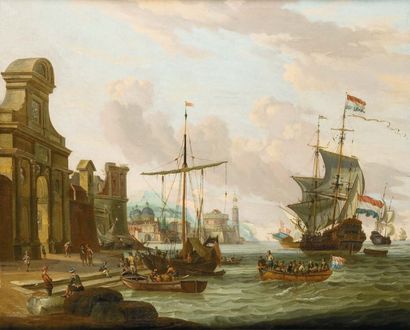 Attribué à Abraham STORCK (1644-1708) Navires devant la porte d'une ville. Toile....