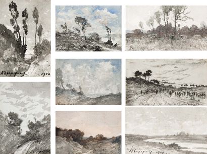 Henri Joseph HARPIGNIÈS (1819-1916) Paysages Suite de 8 aquarelles, lavis et fusains,...