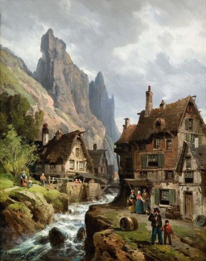 KUWASSEG Scène de village montagneux Huile sur toile, 41 x 33 cm