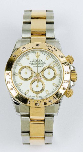 ROLEX «Daytona» Bracelet-montre chronographe en or jaune et acier, cadran blanc à...