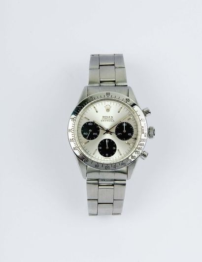 ROLEX «Daytona Ref 6239» Bracelet-montre chronographe en acier. Cadran argenté à...