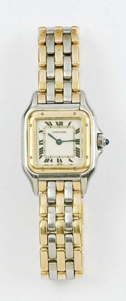 CARTIER «Panthère» Bracelet-montre en or jaune et acier, cadran ivoire à index chiffres...