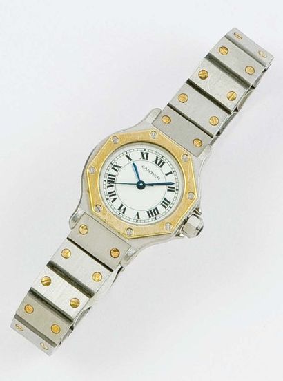 CARTIER «Santos» Bracelet-montre en or jaune et acier, cadran blanc à chiffres romain,...
