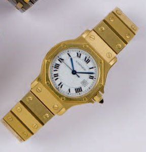 CARTIER Santos Medium Bracelet-montre en or jaune cadran blanc à chiffres romains,...