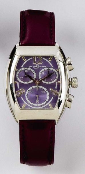 VAN DER BAUWEDE Montre de poignet chronographe en argent, cadran violet à 3 compteurs,...