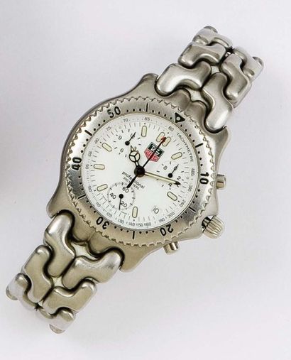 TAG HEUER Bracelet-montre en acier, cadran blanc à 3 compteurs, mouvement à quartz,...