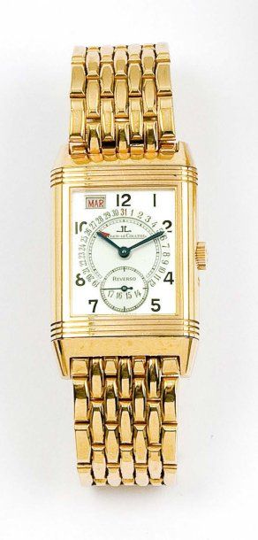 JAEGER LECOULTRE «Reverso» Bracelet-montre en or jaune, cadran gris, boitier réversible,...