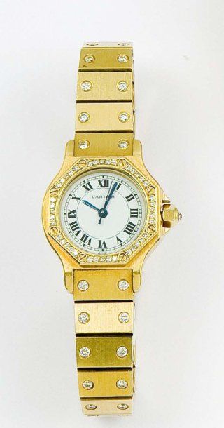 CARTIER «Santos» Bracelet-montre en or jaune, cadran blanc à chiffres romains, la...