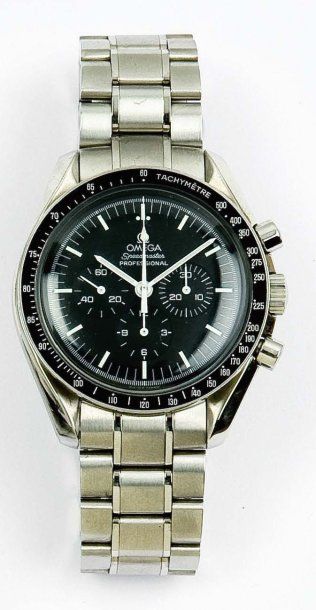 OMEGA «Speedmaster professional» Bracelet-montre chronographe en acier, cadran noir...