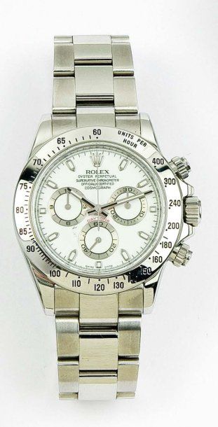 ROLEX «Daytona Ref 1/6520» Bracelet-montre chronographe en acier. Cadran blanc à...