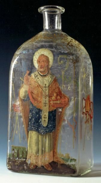 VENISE ITALIE Bouteille dite «de Saint-Nicolas-de-Bari» peinte à froid d'un saint...